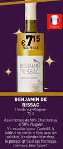 Promotions Benjamin de rissac - Vins blancs - Valide de 15/12/2017 à 31/12/2017 chez BelBev