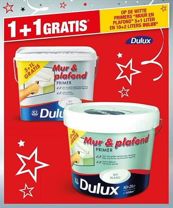 Promoties 1 + 1 gratis op de witte primers muur en plafond 5+1 liter en 10+2 liters dulux - Dulux - Geldig van 02/01/2018 tot 29/01/2018 bij Brico