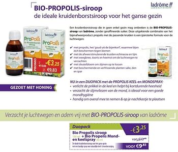 Promoties Bio propolis siroop 150 ml + bio propolis mond- en keelspray - Ladrome - Geldig van 02/01/2018 tot 31/01/2018 bij Mannavita