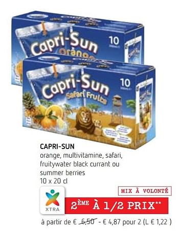 Promotions Capri-sun orange, multivitamine, safari, fruitywater black currant ou summer berries - Capri-Sun - Valide de 04/01/2018 à 17/01/2018 chez Spar (Colruytgroup)