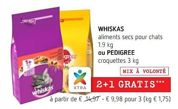 Promoties Whiskas aliments secs pour chats ou pedigree croquettes - Pedigree - Geldig van 04/01/2018 tot 17/01/2018 bij Spar (Colruytgroup)