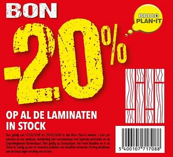 Promoties -20% op al de laminaten in stock - Huismerk - BricoPlanit - Geldig van 16/01/2018 tot 29/01/2018 bij BricoPlanit