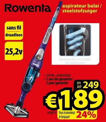 Promoties Rowenta aspirateur balai - steelstofzuiger rh8870 - Rowenta - Geldig van 01/01/2018 tot 31/01/2018 bij ElectroStock