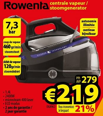 Promotions Rowenta centrale vapeur - stoomgenerator dg8962 - Rowenta - Valide de 01/01/2018 à 31/01/2018 chez ElectroStock
