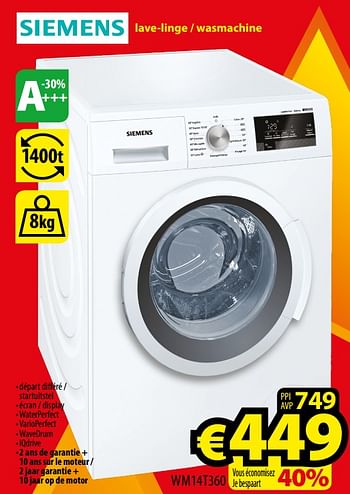 Promotions Siemens lave-linge - wasmachine wm14t360 - Siemens - Valide de 01/01/2018 à 31/01/2018 chez ElectroStock