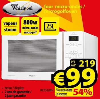 Promotions Whirlpool four micro-ondes - microgolfoven mcp342wh - Whirlpool - Valide de 01/01/2018 à 31/01/2018 chez ElectroStock