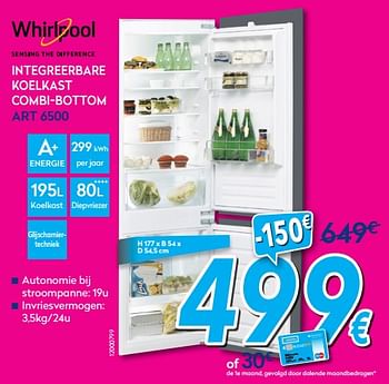 Promoties Whirlpool integreerbare koelkast combi koelkast art 6500 - Whirlpool - Geldig van 02/01/2018 tot 31/01/2018 bij Krefel