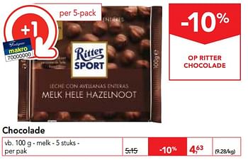 Promoties Chocolade melk - Ritter Sport - Geldig van 03/01/2018 tot 16/01/2018 bij Makro