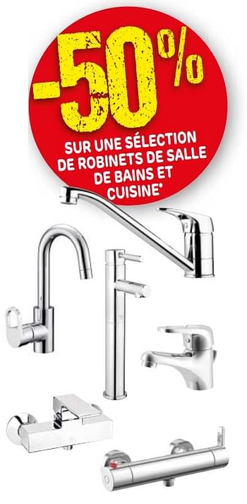 Promotions -50% sur une sélection de robinets de salle de bains et cuisine - Produit maison - BricoPlanit - Valide de 16/01/2018 à 29/01/2018 chez BricoPlanit