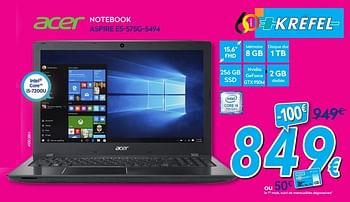 Promotions Acer notebook aspire e5-575g-5494 - Acer - Valide de 02/01/2018 à 31/01/2018 chez Krefel