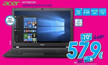 Promotions Acer notebook aspire es 15 es1-572-3539 - Acer - Valide de 02/01/2018 à 31/01/2018 chez Krefel