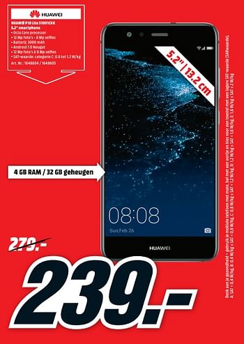 Promotions Huawei p10 lite 51091ckk 5.2 smartphone - Huawei - Valide de 03/01/2018 à 07/01/2018 chez Media Markt