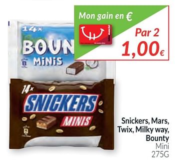 Promotions Snickers, mars, twix, milky way ou bounty mini - Produit maison - Intermarche - Valide de 02/01/2018 à 31/01/2018 chez Intermarche