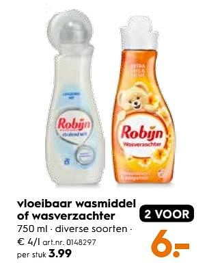 Promotions Vloeibaar wasmiddel of wasverzachter - Robijn - Valide de 01/01/2018 à 16/01/2018 chez Blokker