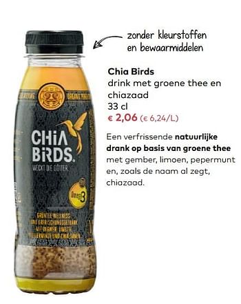 Promoties Chia birds drink met groene thee en chiazaad - Chia Birds - Geldig van 03/01/2018 tot 06/02/2018 bij Bioplanet