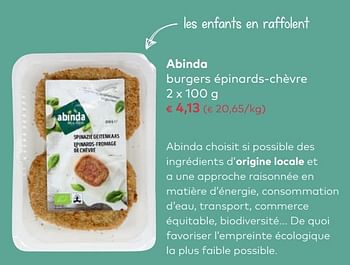 Promotions Abinda burgers épinards-chèvre - Abinda - Valide de 03/01/2018 à 06/02/2018 chez Bioplanet