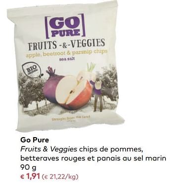 Promotions Go pure fruits + veggies chips de pommes, betteraves rouges et panais au sel marin - Go pure - Valide de 03/01/2018 à 06/02/2018 chez Bioplanet