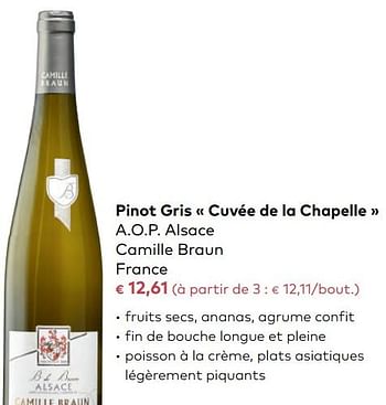 Promotions Pinot gris « cuvée de la chapelle » a.o.p. alsace camille braun france - Vins blancs - Valide de 03/01/2018 à 06/02/2018 chez Bioplanet