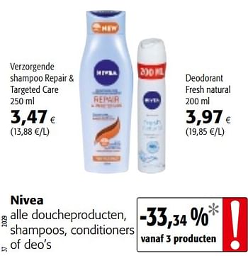 Promoties Nivea alle doucheproducten, shampoos, conditioners of deo`s - Nivea - Geldig van 03/01/2018 tot 16/01/2018 bij Colruyt