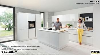 Promoties Nova lack hoogglans wit, modern en strak keuken incl. 4 inbouwapparaten + laminaat werkblad - Nolte Küchen - Geldig van 09/01/2018 tot 05/02/2018 bij Zelfbouwmarkt
