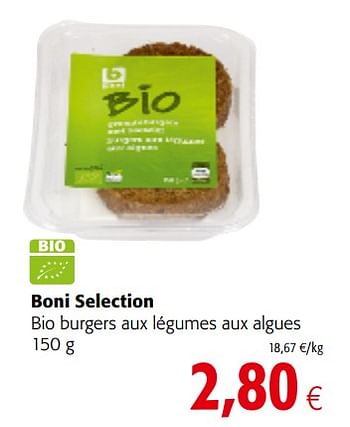 Promotions Boni selection bio burgers aux légumes aux algues - Boni - Valide de 03/01/2018 à 16/01/2018 chez Colruyt