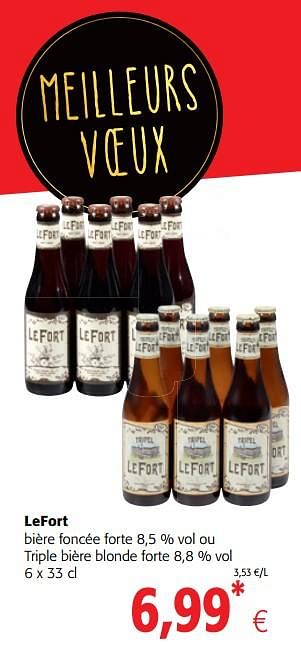 Promoties Lefort bière foncée forte ou triple bière blonde forte - Lefort - Geldig van 03/01/2018 tot 16/01/2018 bij Colruyt