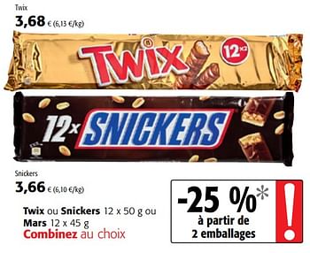 Promotions Twix ou snickers ou mars - Mars Snacks - Valide de 03/01/2018 à 16/01/2018 chez Colruyt