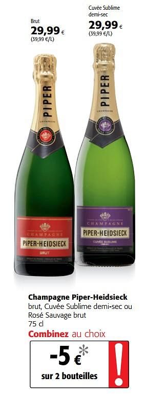 Promotions Champagne piper-heidsieck brut, cuvée sublime demi-sec ou rosé sauvage brut - Piper-Heidsieck - Valide de 03/01/2018 à 16/01/2018 chez Colruyt