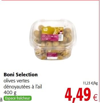 Promotions Boni selection olives vertes dénoyautées à l`ail - Boni - Valide de 03/01/2018 à 16/01/2018 chez Colruyt