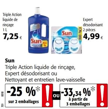 Promotions Sun triple action liquide de rinçage, expert désodorisant ou nettoyant et entretien lave-vaisselle - Sun - Valide de 03/01/2018 à 16/01/2018 chez Colruyt