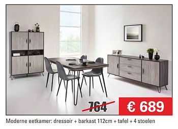 Promoties Moderne eetkamer: dressoir + barkast + tafel + 4 stoelen - Huismerk - Prijzenkoning - Geldig van 03/01/2018 tot 31/01/2018 bij Comfortmeubel