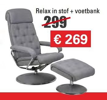 Promoties Relax in stof + voetbank - Huismerk - Prijzenkoning - Geldig van 03/01/2018 tot 31/01/2018 bij Comfortmeubel