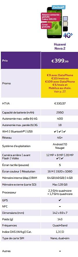 Promotions Huawei nova 2 - Huawei - Valide de 03/01/2018 à 31/01/2018 chez Proximus