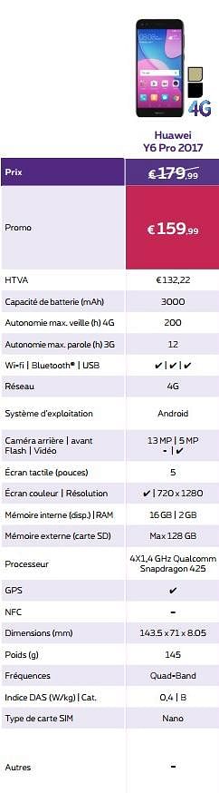 Promotions Huawei y6 pro 2017 - Huawei - Valide de 03/01/2018 à 31/01/2018 chez Proximus