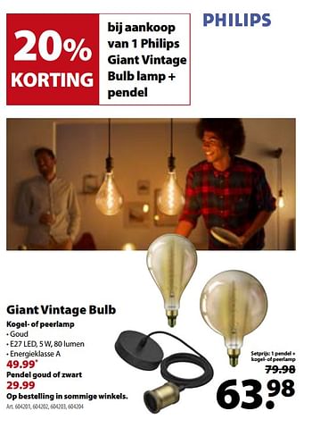 Promoties Philips giant vintage bulb kogel- of peerlamp pendel goud of zwart - Philips - Geldig van 17/01/2018 tot 29/01/2018 bij Gamma