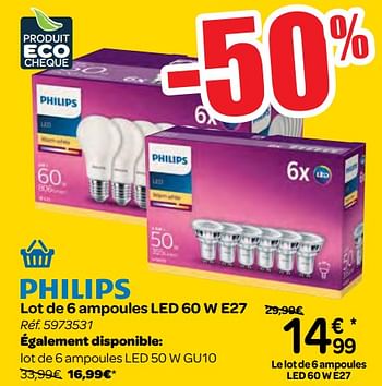 Promoties Philips lot de 6 ampoules led 60 w e27 - Philips - Geldig van 10/01/2018 tot 22/01/2018 bij Carrefour
