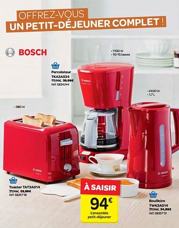 Promoties Bosch percolateur tka3a034 + toaster tat3a014 + bouilloire twk3a014 - Bosch - Geldig van 10/01/2018 tot 22/01/2018 bij Carrefour