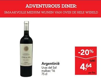 Promoties Argentinië uvas del sol malbec 16  - Rode wijnen - Geldig van 17/01/2018 tot 30/01/2018 bij Makro