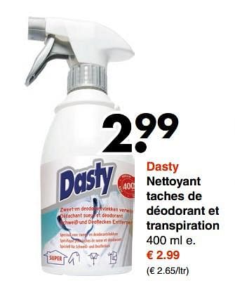 Promotions Dasty nettoyant taches de déodorant et transpiration - Dasty - Valide de 08/01/2018 à 20/01/2018 chez Wibra