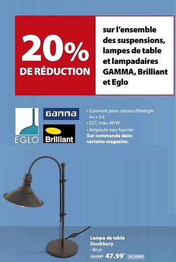 Promoties Lampe de table stockbury - Eglo - Geldig van 17/01/2018 tot 29/01/2018 bij Gamma