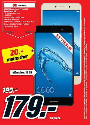 Promotions Huawei smartphone y7 dual sim smartphone - Huawei - Valide de 15/01/2018 à 21/01/2018 chez Media Markt
