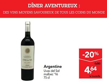 Promotions Argentinië uvas del sol malbec 16  - Vins rouges - Valide de 17/01/2018 à 30/01/2018 chez Makro