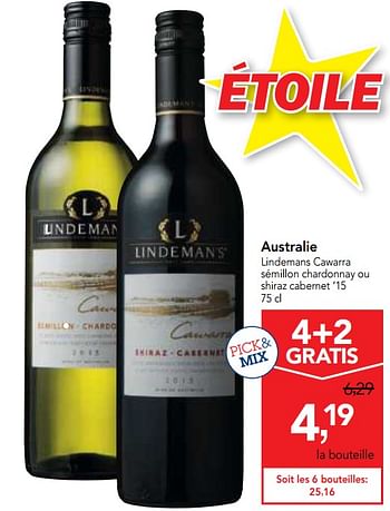 Promotions Australië lindemans cawarra sémillon chardonnay of shiraz cabernet 15  - Vins rouges - Valide de 17/01/2018 à 30/01/2018 chez Makro