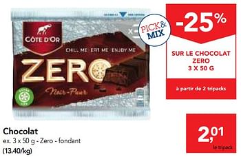 Promotions Chocolat zero fondant - Cote D'Or - Valide de 17/01/2018 à 30/01/2018 chez Makro