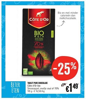 Promoties Tablet pure chocolade côte d`or bio - Cote D'Or - Geldig van 18/01/2018 tot 24/01/2018 bij Delhaize