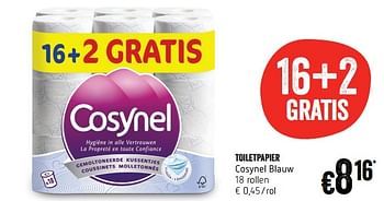 Promoties Toiletpapier cosynel blauw - Cosynel - Geldig van 18/01/2018 tot 24/01/2018 bij Delhaize