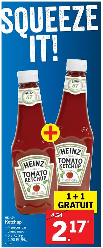 Promotions Ketchup - Heinz - Valide de 22/01/2018 à 27/01/2018 chez Lidl