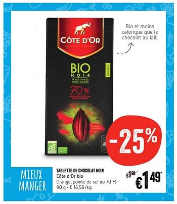 Promotions Tablette de chocolat noir côte d`or bio - Cote D'Or - Valide de 18/01/2018 à 24/01/2018 chez Delhaize