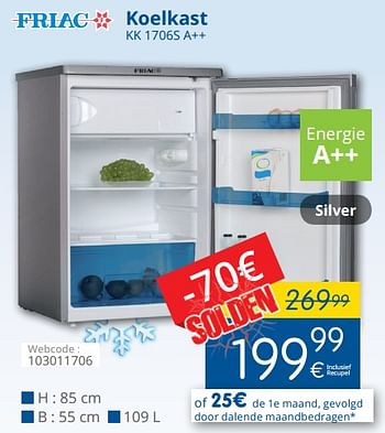Promoties Friac koelkast kk 1706s a++ - Friac - Geldig van 15/01/2018 tot 31/01/2018 bij Eldi