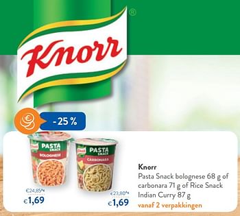 Promoties Knorr pasta snack bolognese of carbonara of rice snack indian curry - Knorr - Geldig van 13/01/2018 tot 30/01/2018 bij OKay